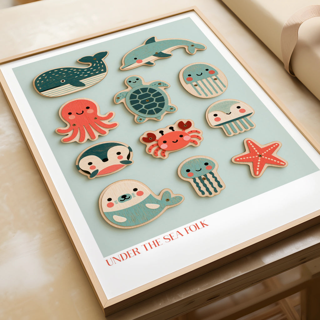 Under the Sea Folk Retro Children's Print, Cute Ocean Animals Nursery Poster, Kids Wall Art