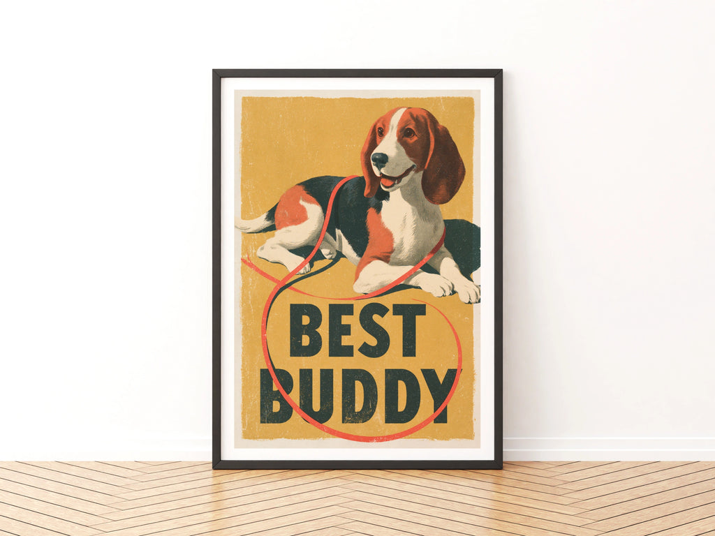 Retro Beagle Poster, Best Buddy Dog Print, Vintage Folk Style Wall Art, Mustard Yellow