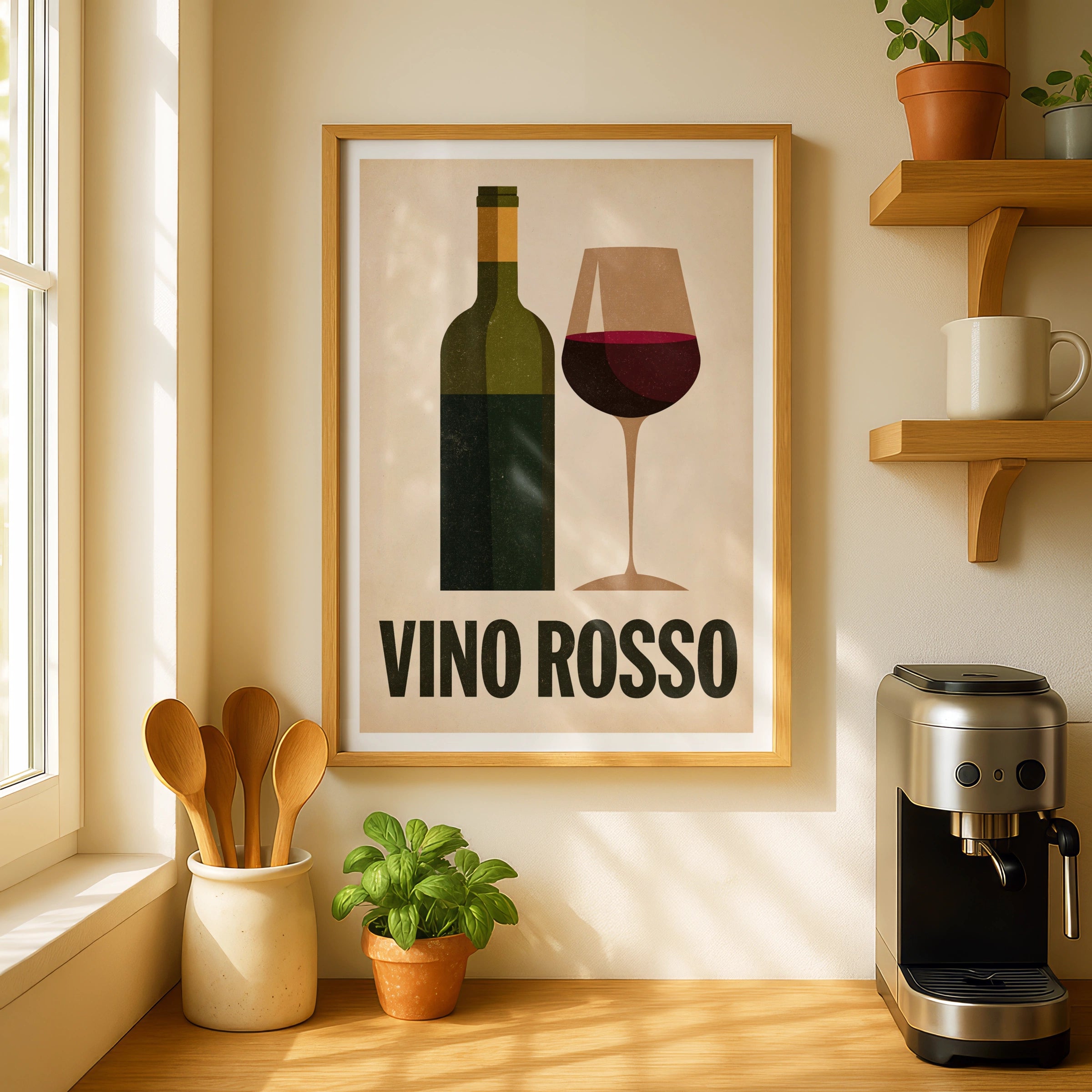 Vino Rosso Italian Wine Print | Rustic Kitchen Decor | Retro Mid Century Risograph Wine Art