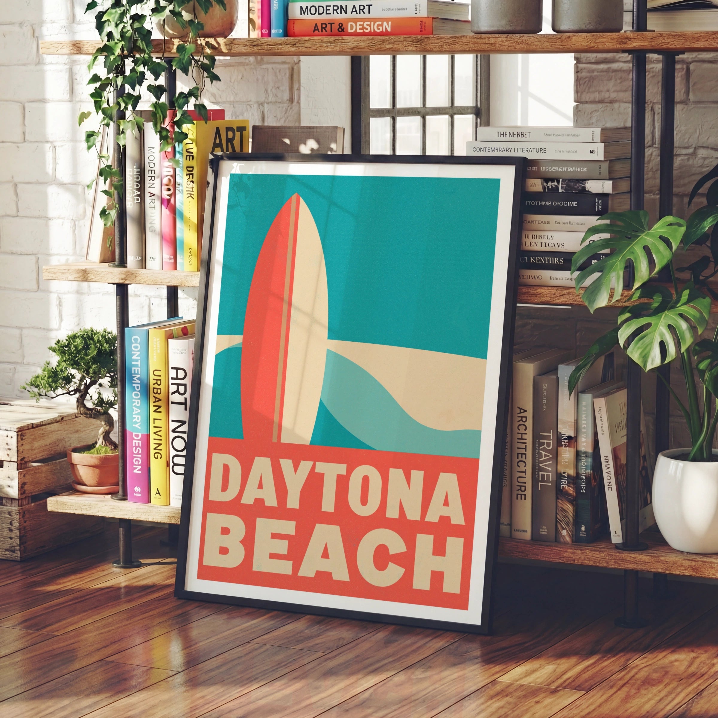 Daytona Beach Retro Surf Poster, Florida Vintage Travel Print, Surfboard Wall Art
