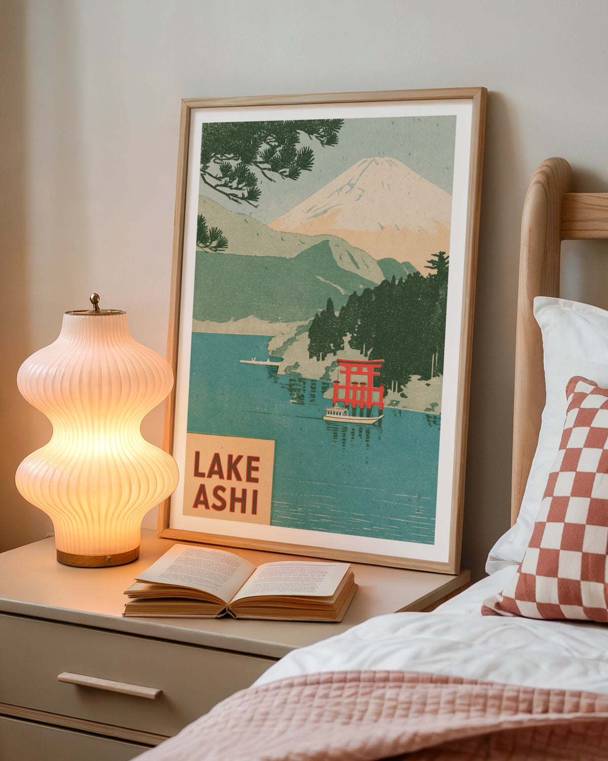 Retro Lake Ashi Japan Print, Vintage Travel Poster, Mount Fuji Torii Gate Woodblock Style, Hakone