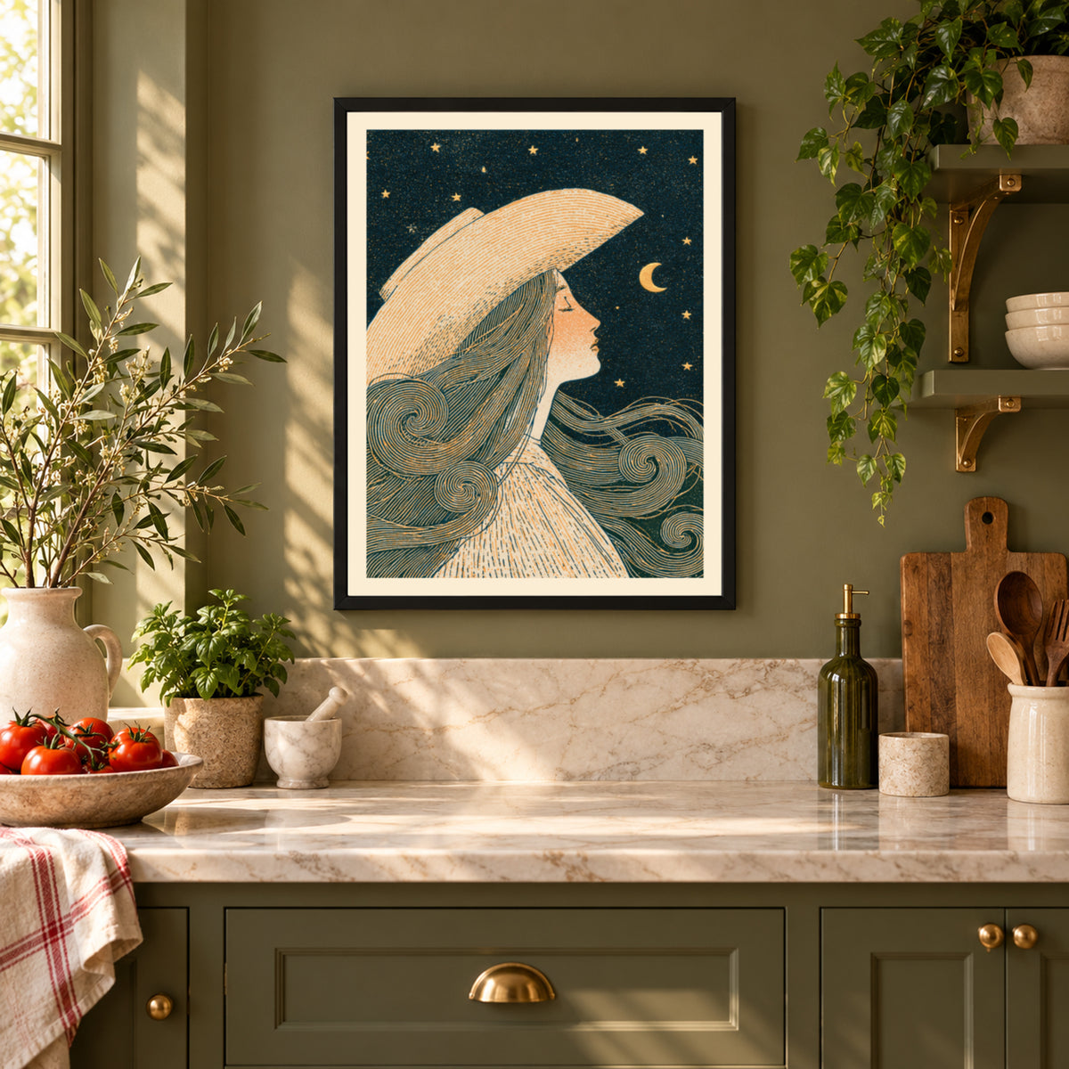 Celestial Woman Moon Stars Art Nouveau Print, Vintage Night Sky Wall Art, Whimsical Bedroom Poster