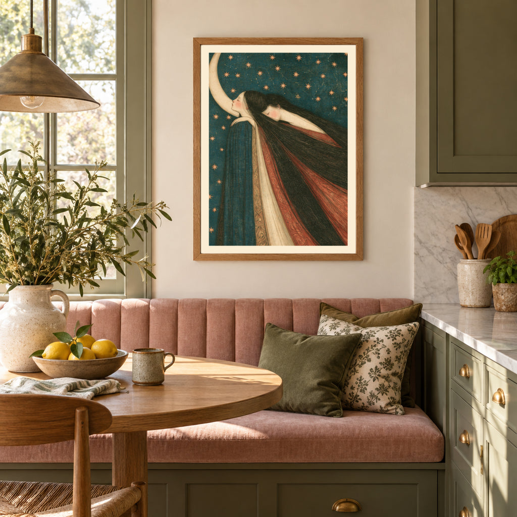 Celestial Moon Wall Art, Art Nouveau Poster, Dreamy Night Sky Print, Mystical Women Stars Decor