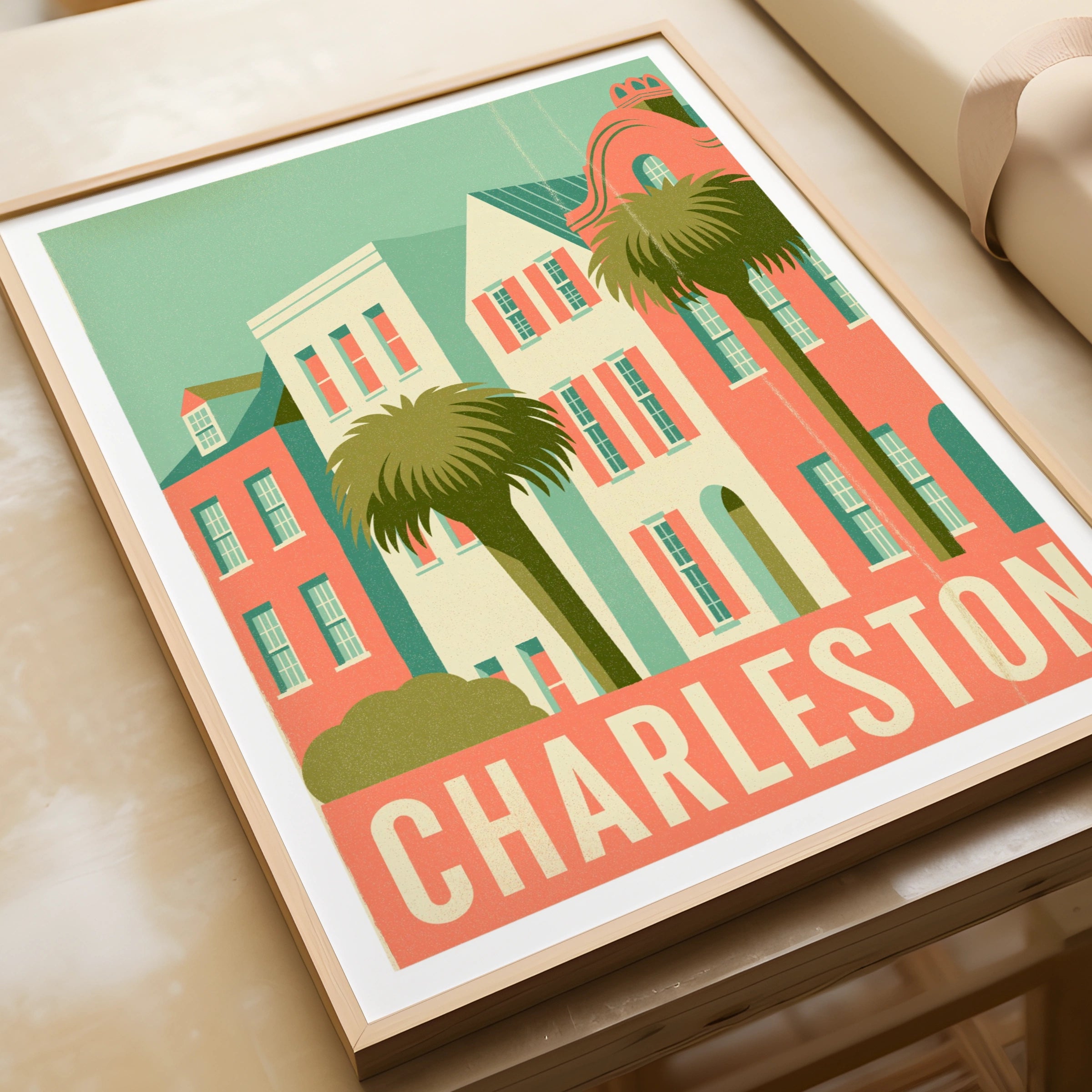 Charleston Retro Travel Poster, Rainbow Row Houses Print, South Carolina Wall Art