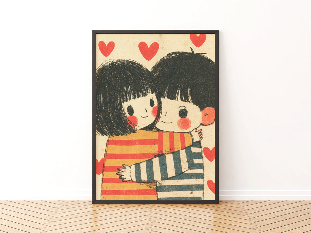 Retro Couple Hug Print, Cute Love Poster, Red Hearts Wall Art, Vintage Illustration Gift