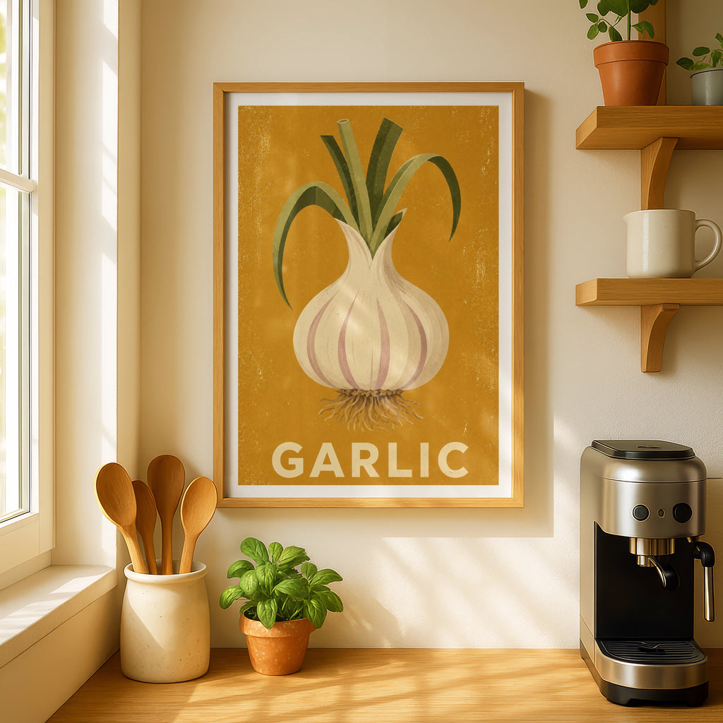 Garlic Vintage Food Poster Print | Rustic Kitchen Decor | Retro Mid Century Risograph Art