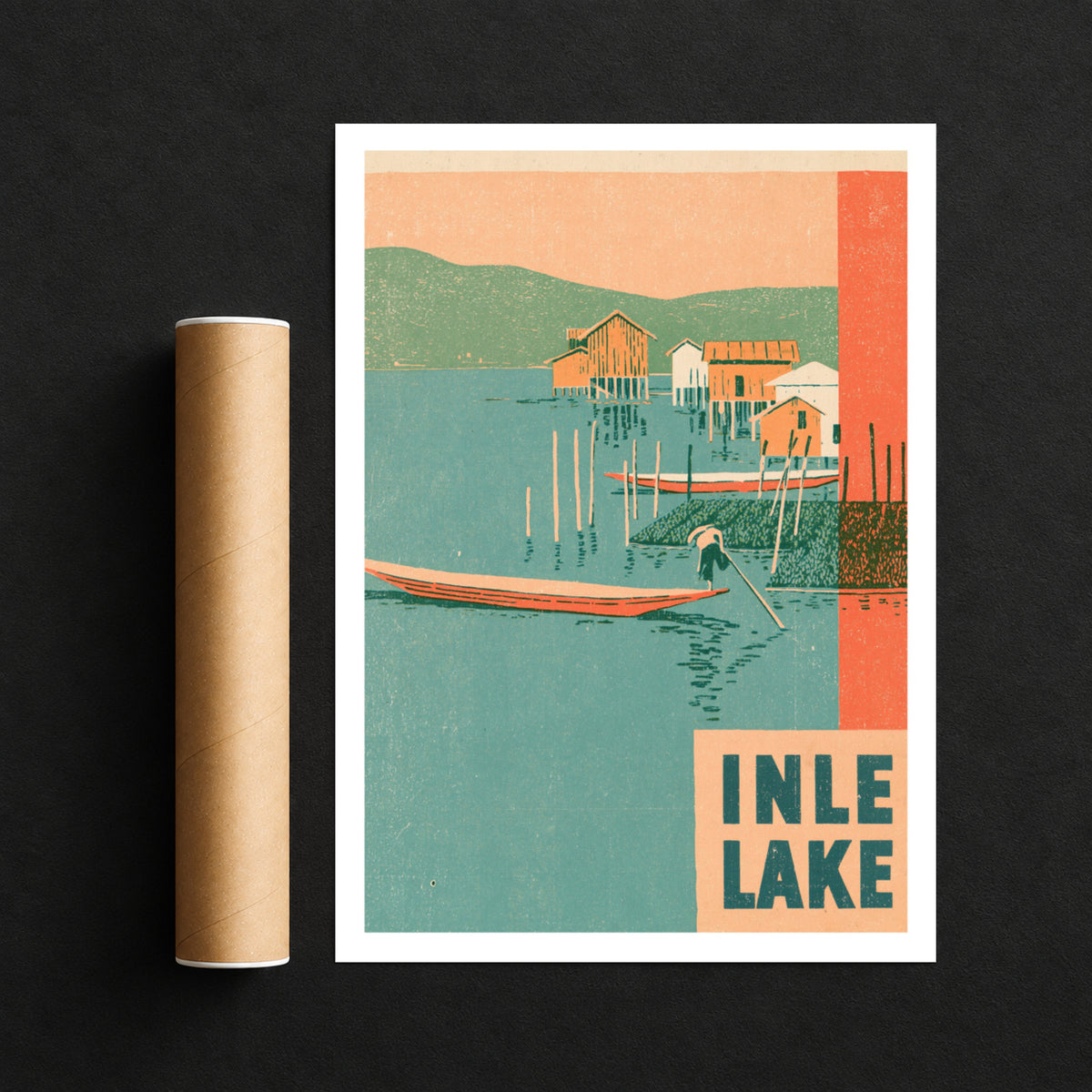 Retro Inle Lake Poster, Vintage Travel Print, Myanmar Burma Wall Art, Stilt Houses, Fisherman Boat