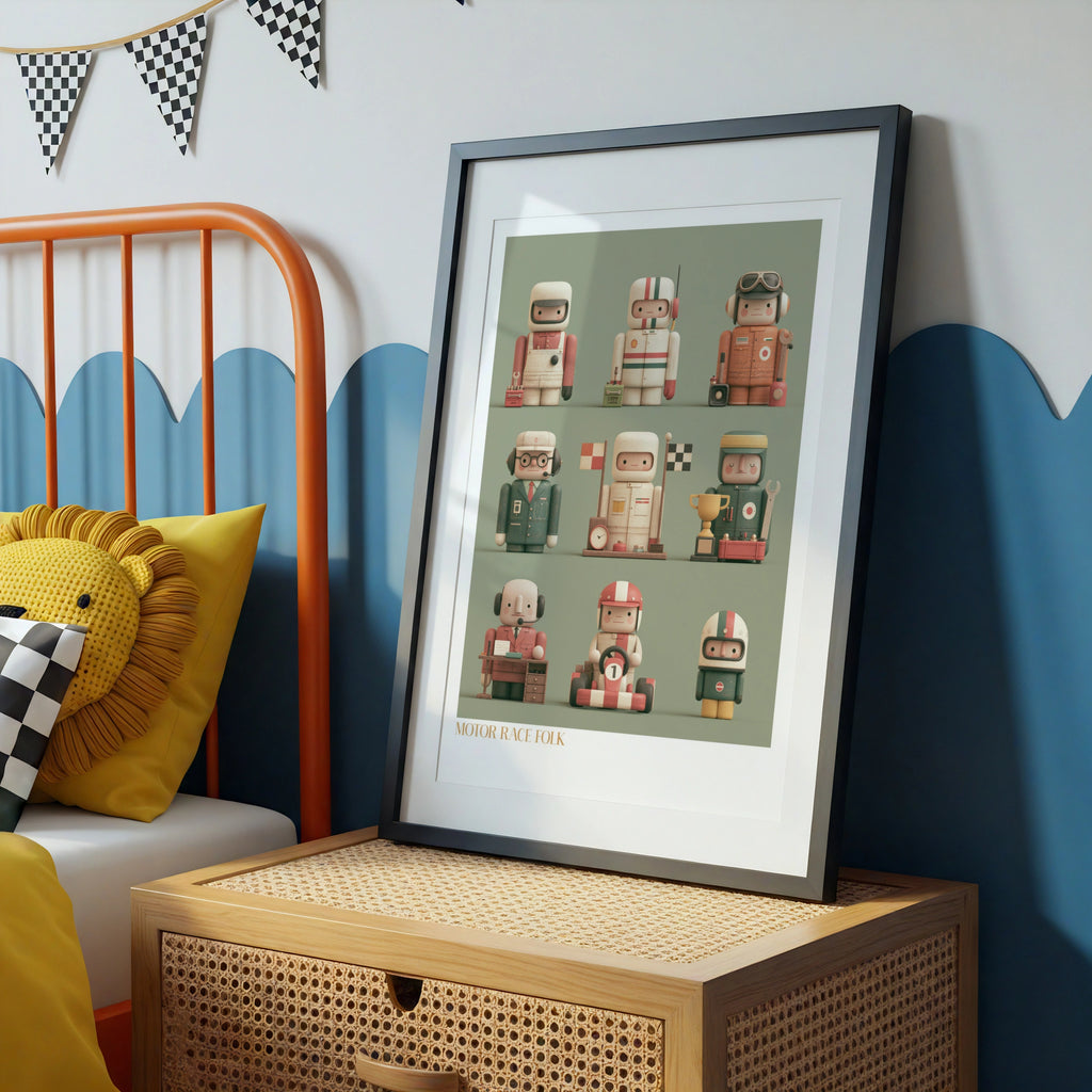 Motor Race Folk Retro Kids Poster, Racing Characters Children's Print, Collectable Wall Art