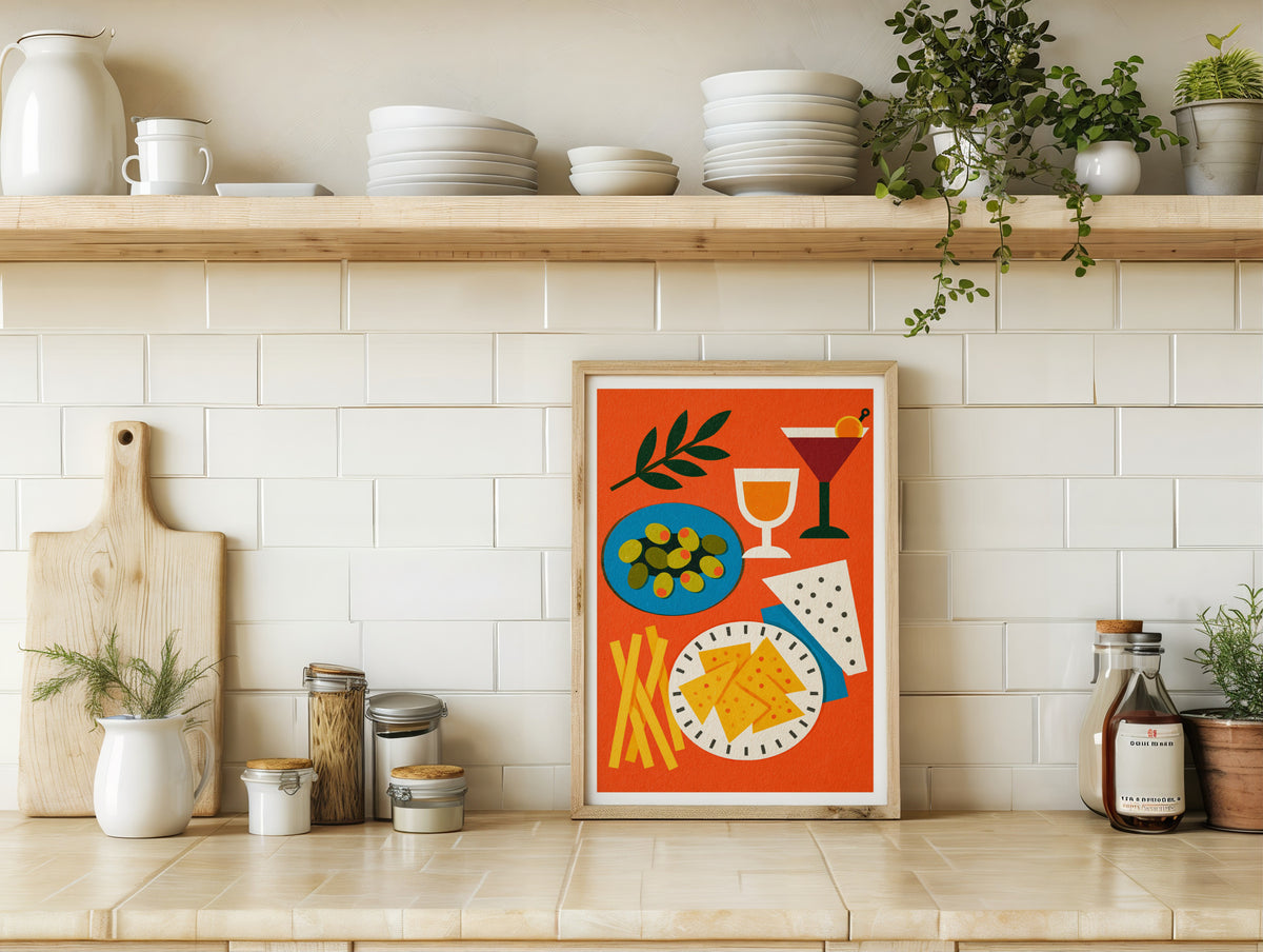 Vintage Food Poster Print, Rustic Kitchen Decor, Retro Mid Century Risograph Cocktail Olive Art