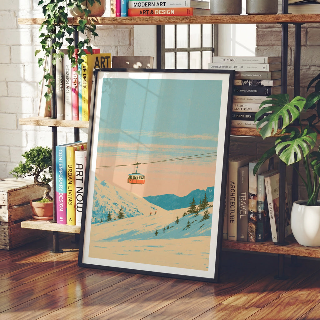 Retro Ski Cable Car Poster, Alpine Snow Mountain Print, Vintage Skiing Wall Art