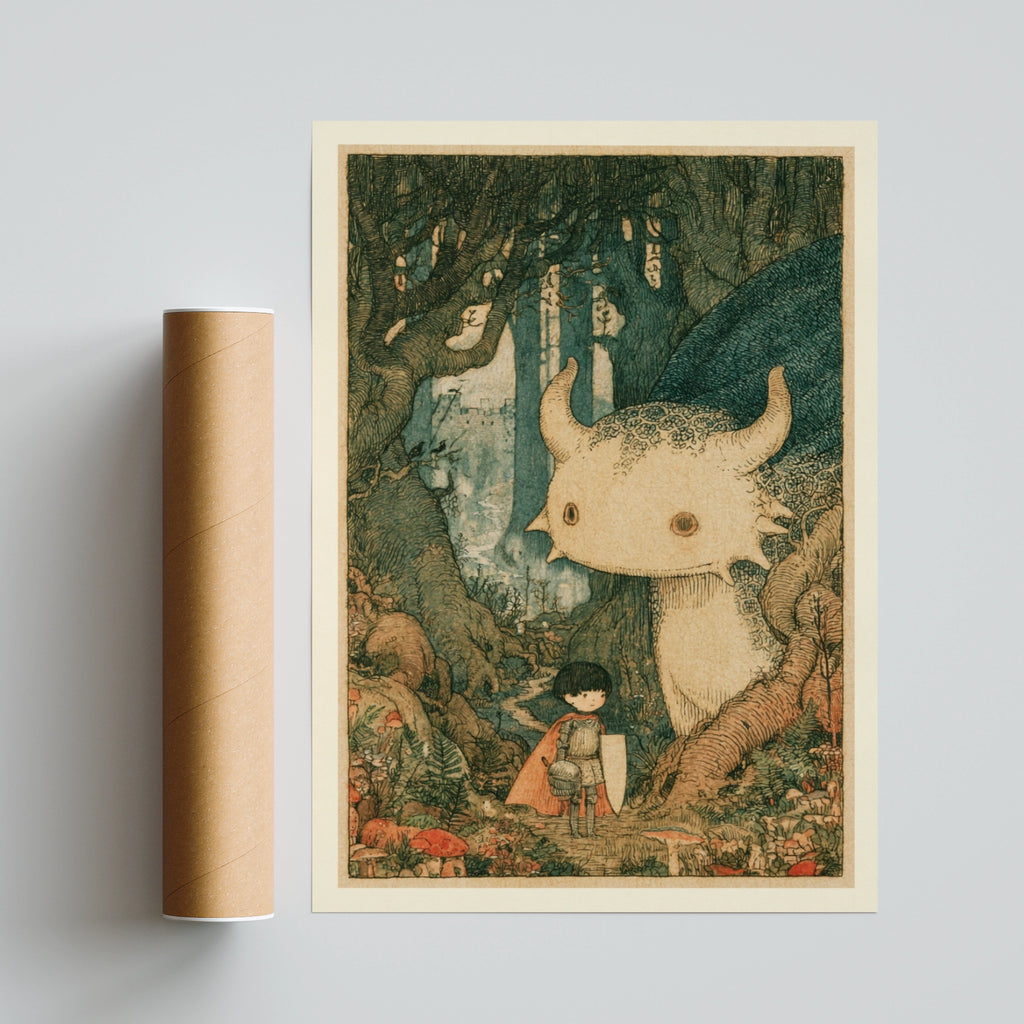 Retro Children's Print, Little Knight and Forest Monster, Fairytale Kids Wall Art Collectable