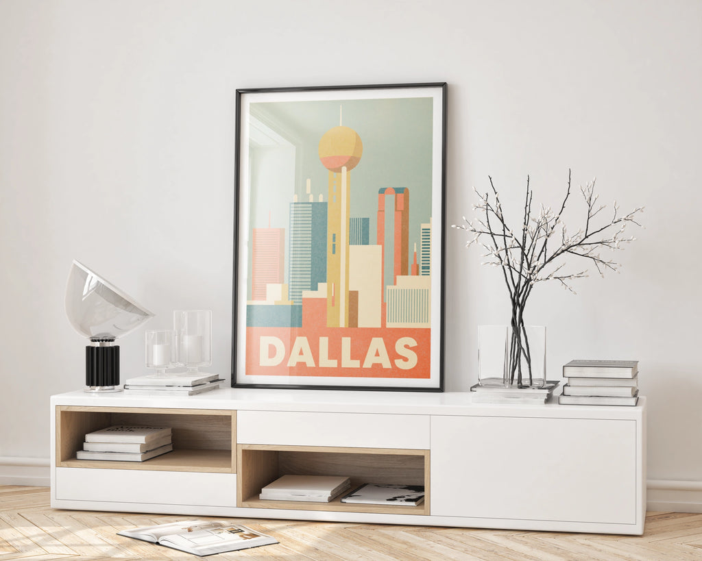 Dallas Retro Travel Poster, Reunion Tower Skyline Print, Texas City Wall Art