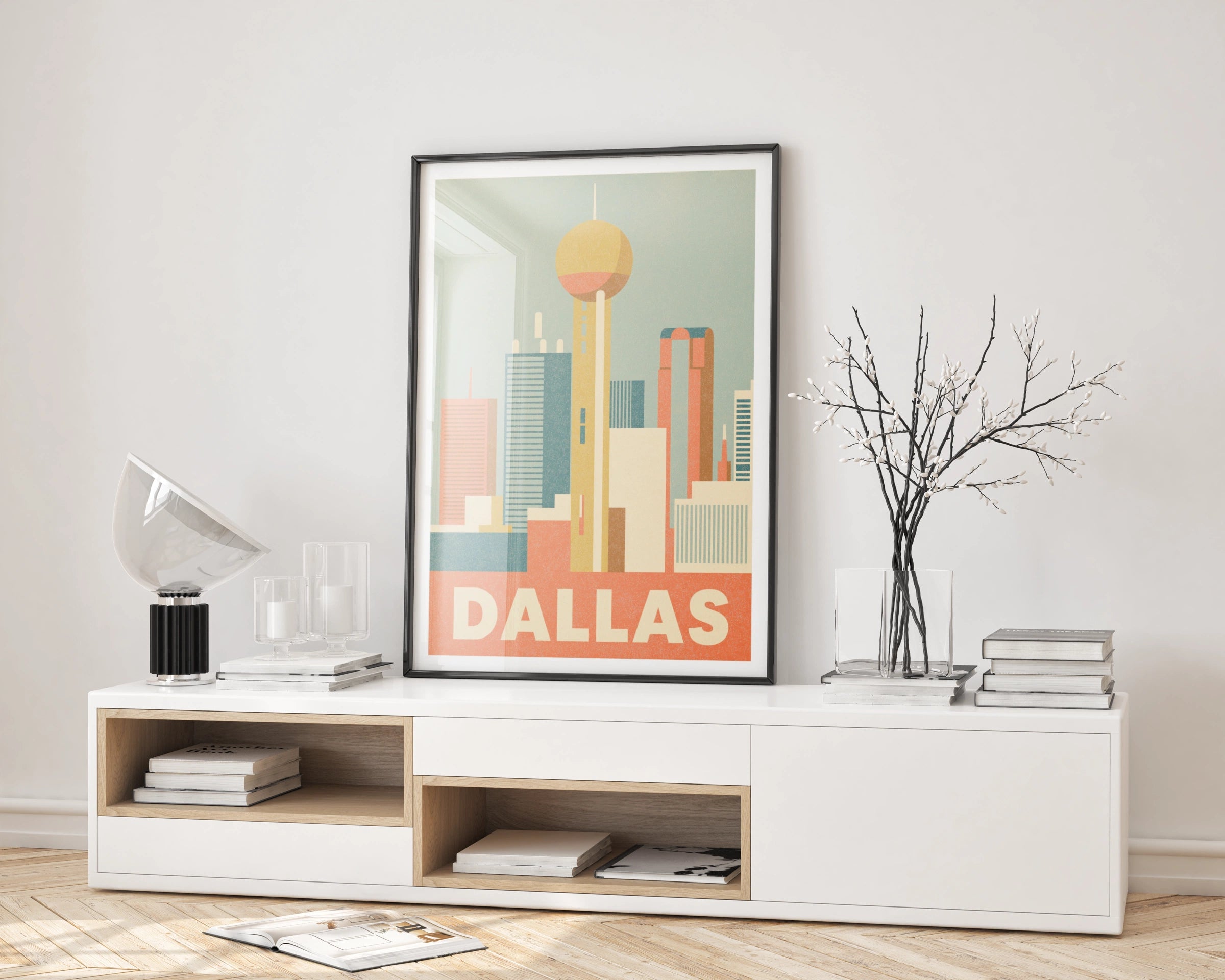 Dallas Retro Travel Poster, Reunion Tower Skyline Print, Texas City Wall Art