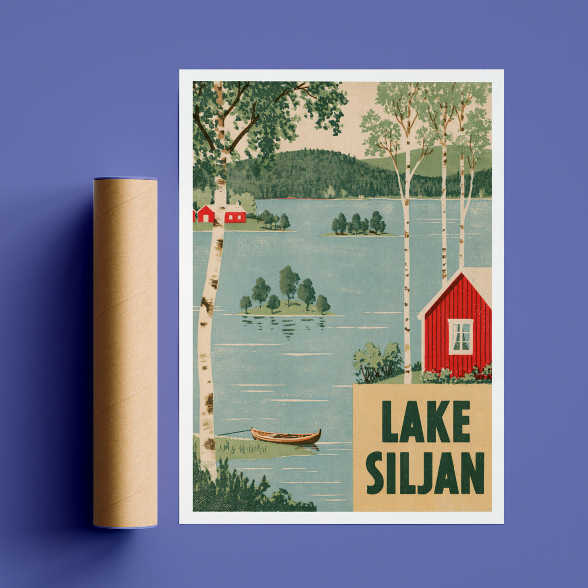 Retro Lake Siljan Sweden Print, Vintage Travel Poster, Red Cabin Birch Trees, Scandinavian Wall Art