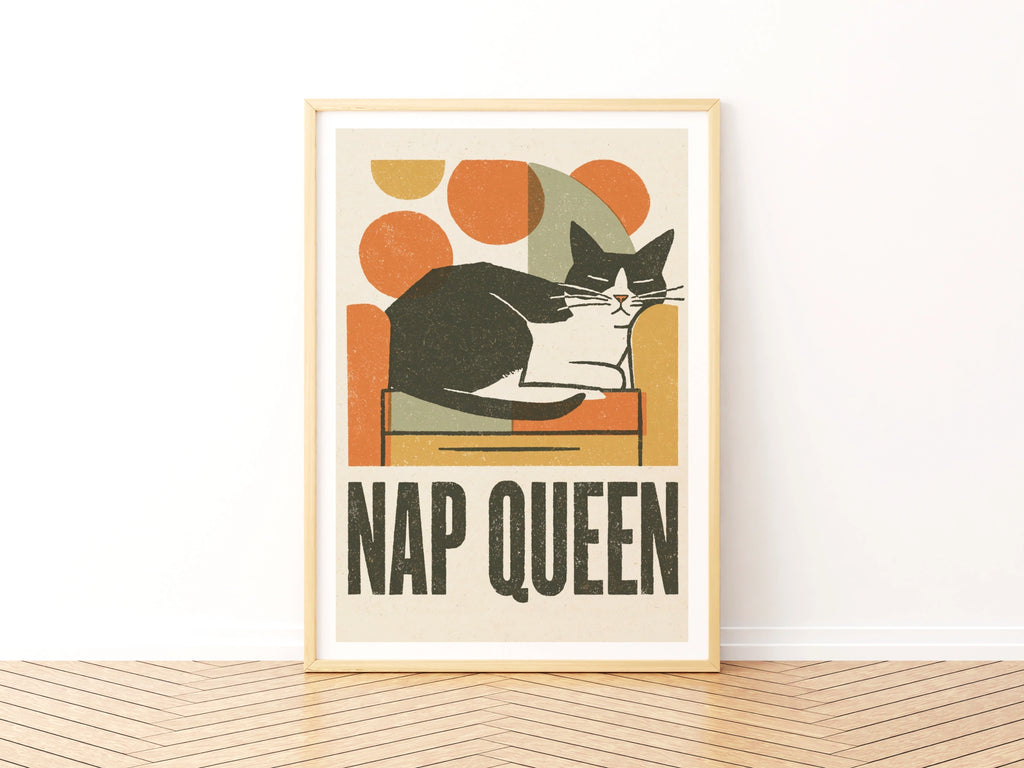 Nap Queen Cat Print, Retro Cat Wall Art, Tuxedo Cat Folk Art, Mid Century Modern Cat Decor