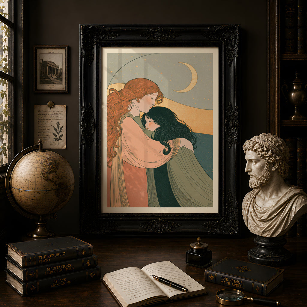 Mother and Daughter Art Print, Crescent Moon Night Sky, Art Nouveau Poster, Nursery Wall Art