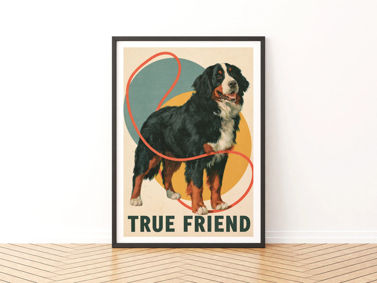 Bernese Mountain Dog Retro Print, True Friend Folk Art, Vintage Dog Wall Art Gift