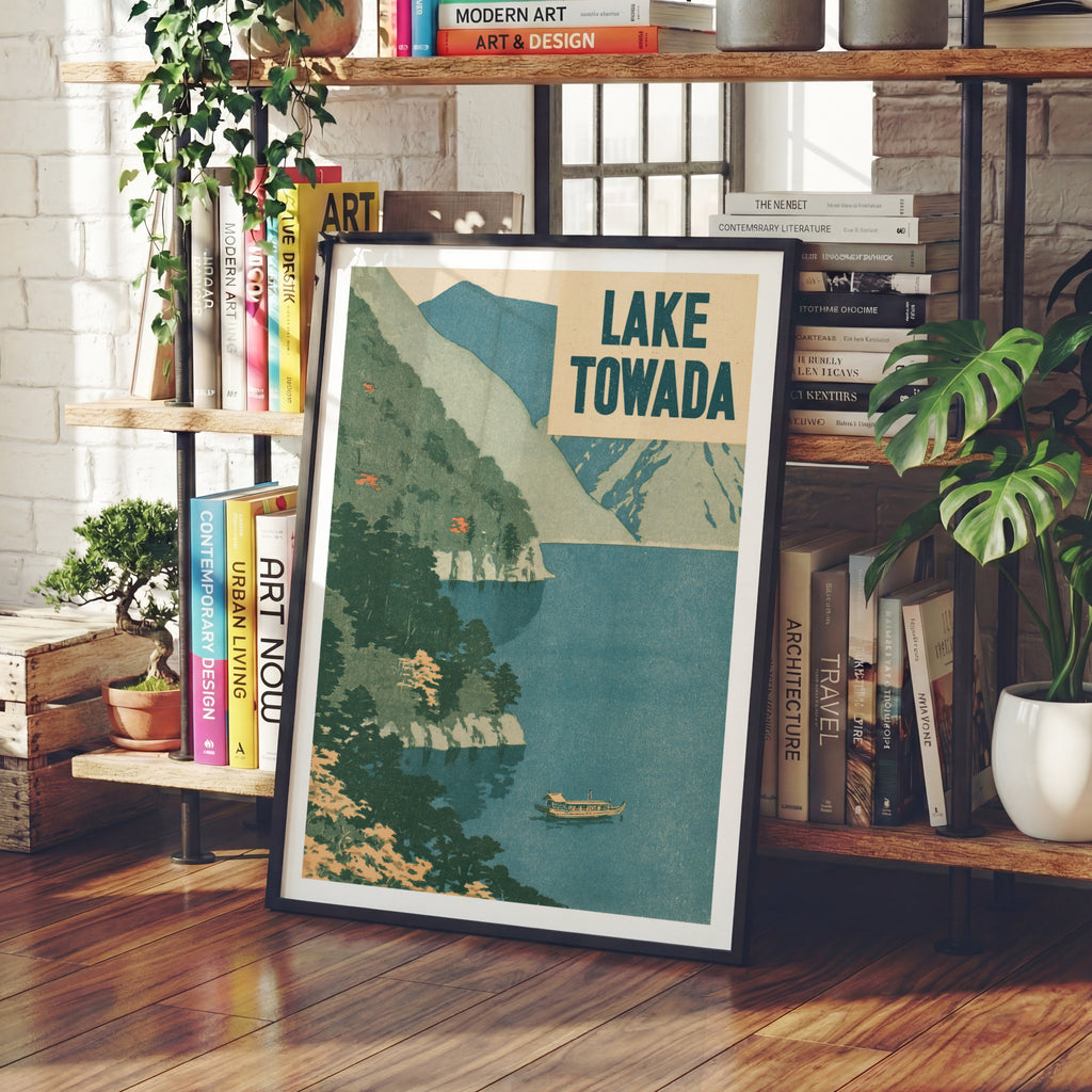 Retro Lake Towada Japan Travel Poster, Vintage Travel Woodblock Style Print, Japanese Wall Art