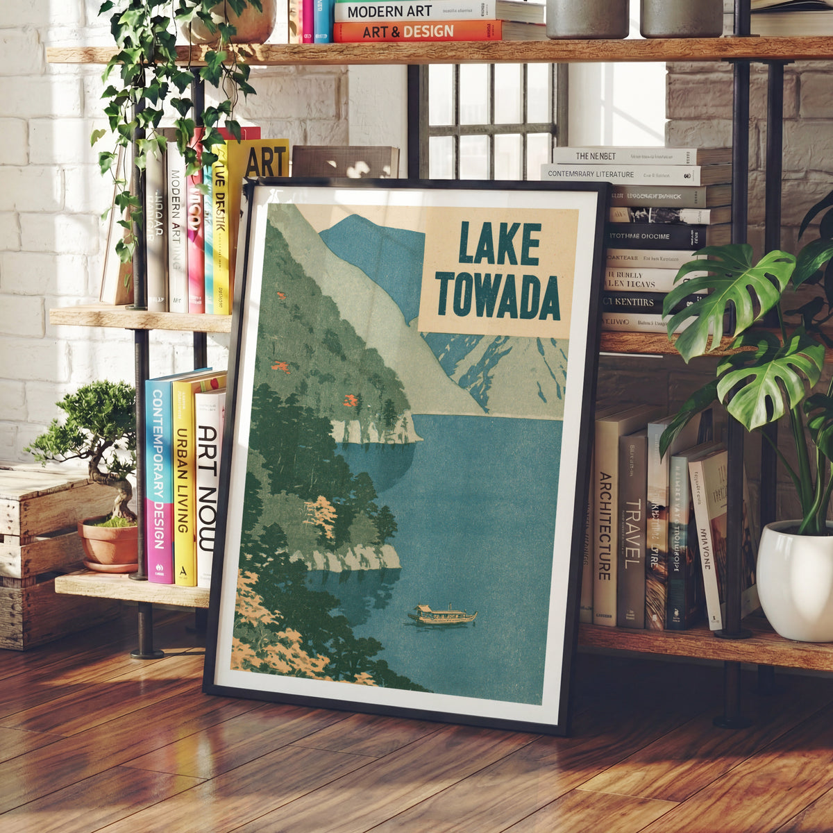 Retro Lake Towada Japan Travel Poster, Vintage Travel Woodblock Style Print, Japanese Wall Art