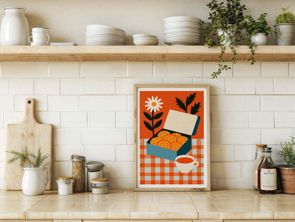 Vintage Food Poster Print, Biscuit Tin Tea Cup Art, Rustic Kitchen Decor, Retro Mid Century