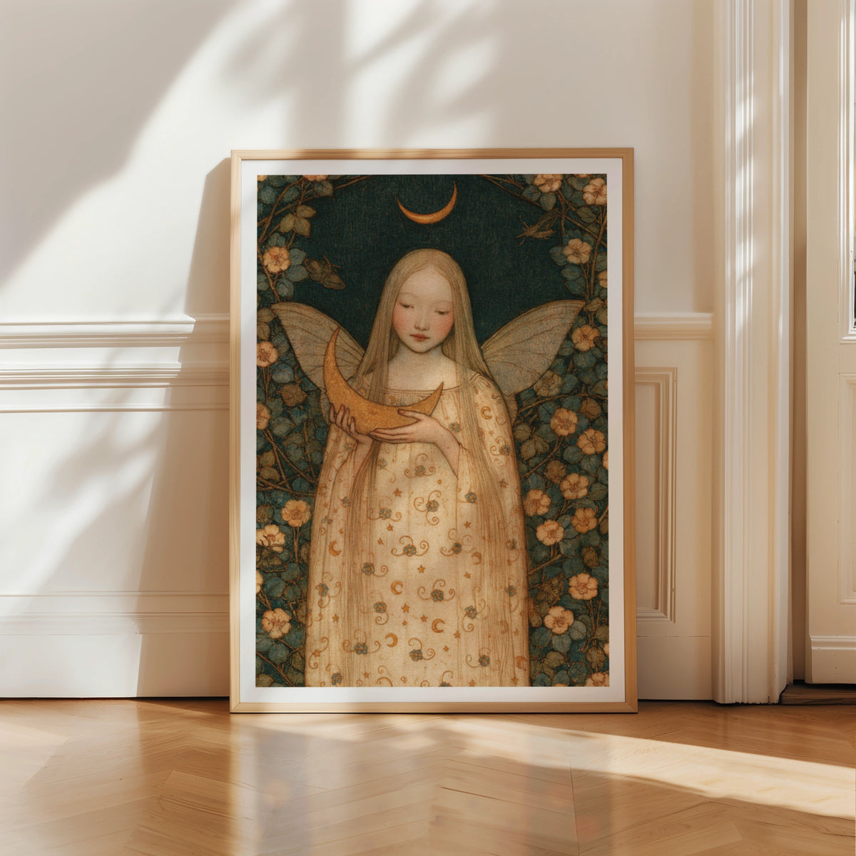 Fairy Moon Poster, Classic Folk Art Print, Celestial Floral Wall Art, Mystical Fairy Girl Decor