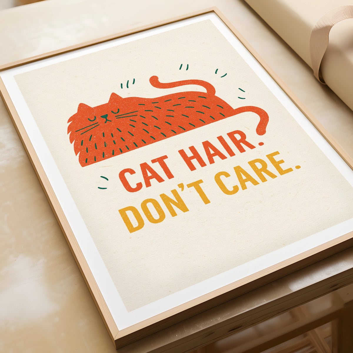 Cat Hair Don't Care Print, Funny Retro Cat Wall Art, Folk Style Ginger Cat Gift