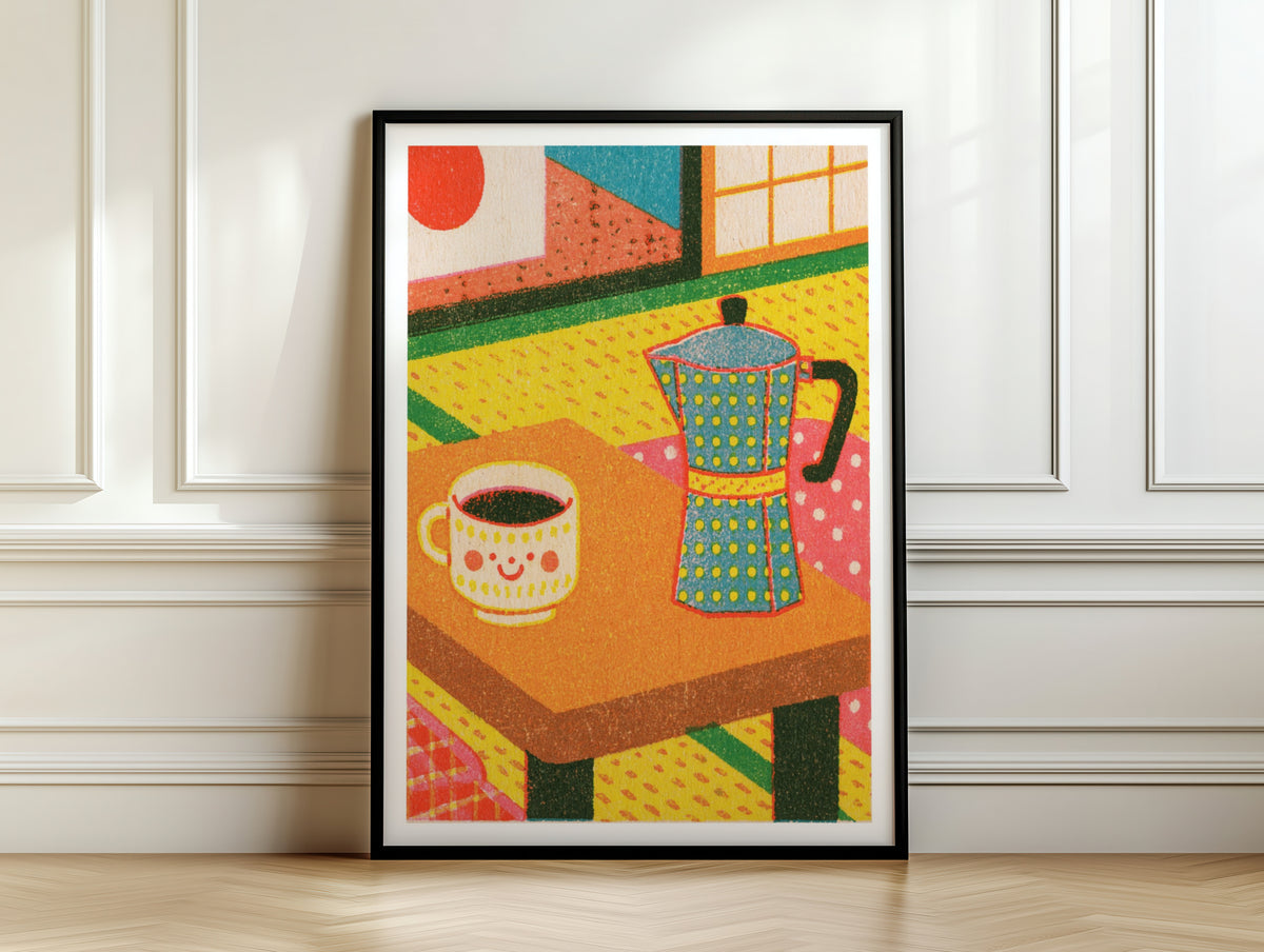 Retro Coffee Wall Art, Vintage Kitchen Print, Japanese Tatami Room Poster, Moka Pot Illustration
