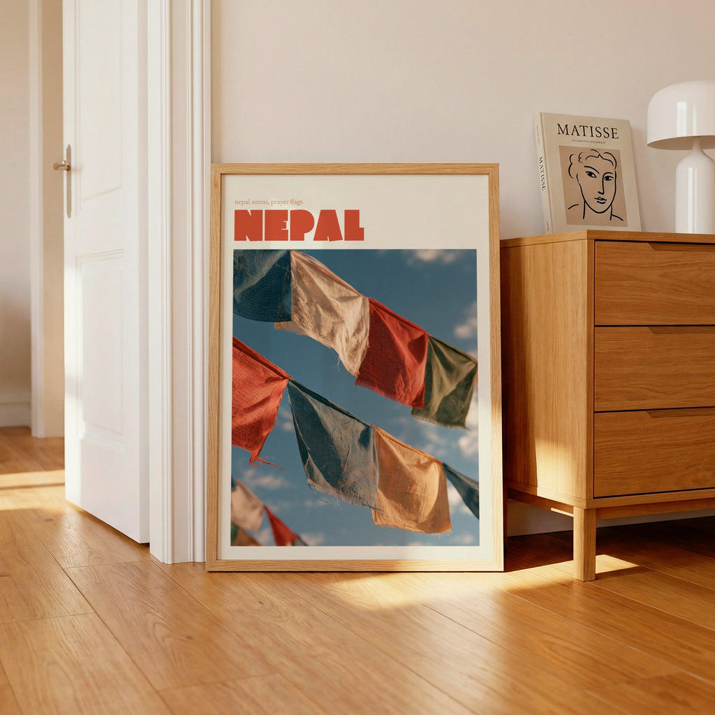 Nepal Prayer Flags Contemporary Travel Poster, Himalayan Wall Art, Vintage Travel Print