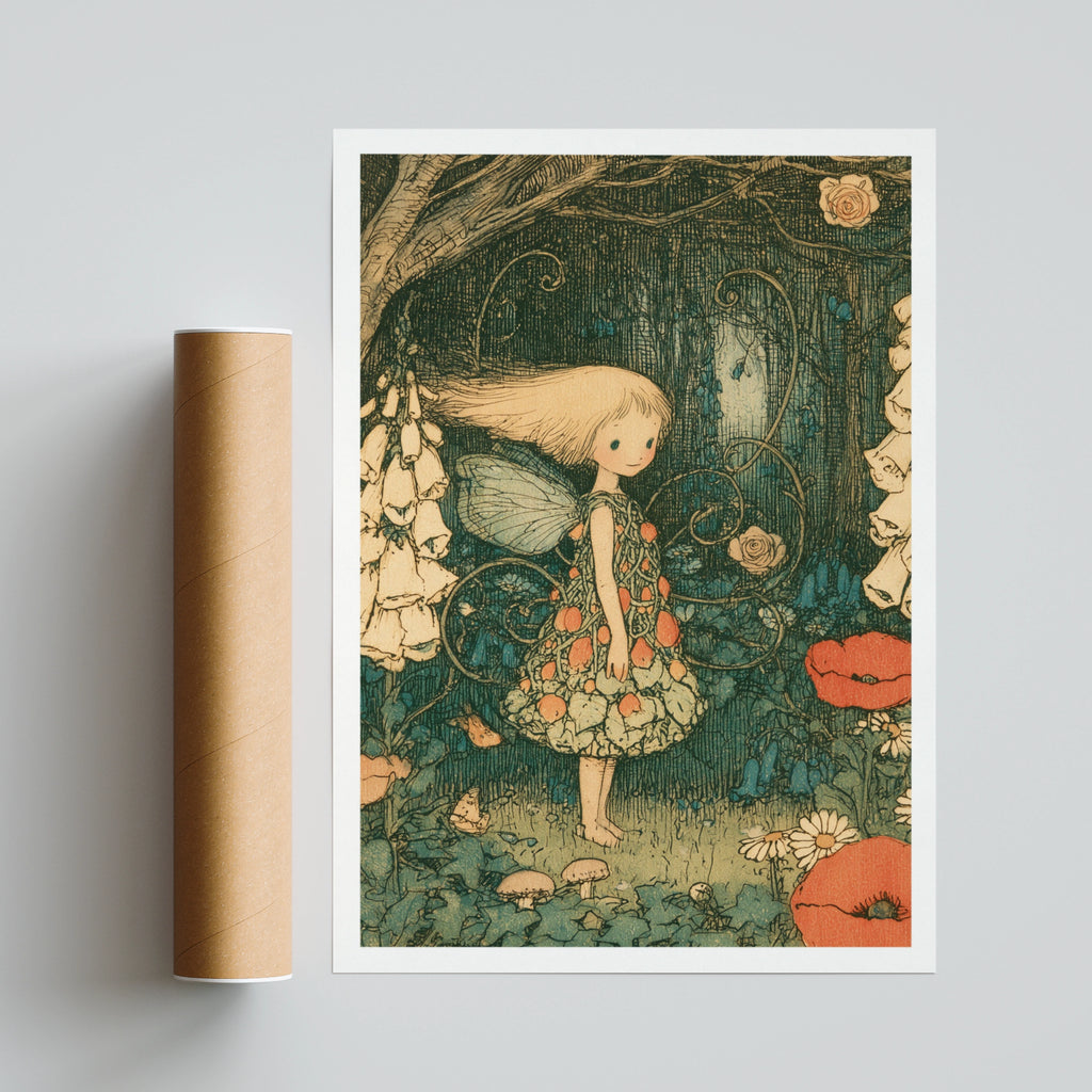 Victorian Fairy Garden Classic Inspired Print, Vintage Folk Art Poster, Woodland Fairy Wall Art