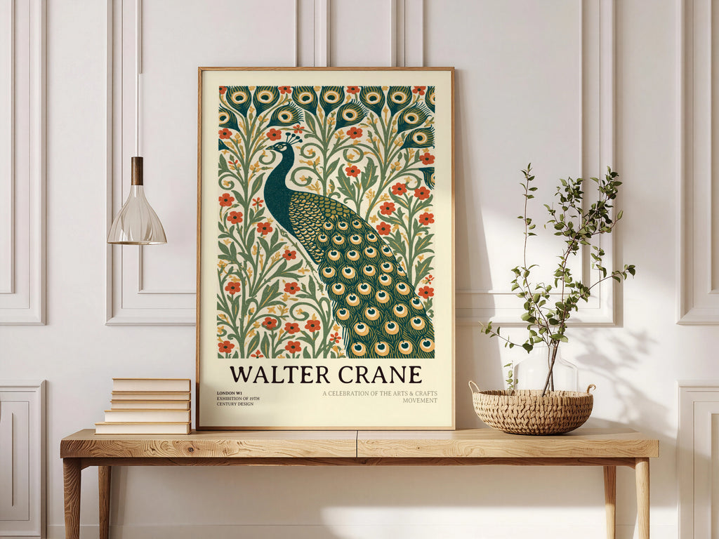 Walter Crane Peacock Print, Arts and Crafts Wall Art, Vintage Botanical Poster, Nature Floral Decor