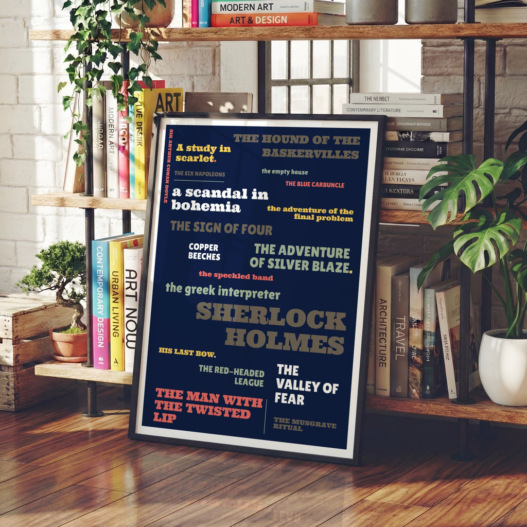 Sherlock Holmes Typography Poster, Conan Doyle Literary Print, Navy Blue Book Fan Art