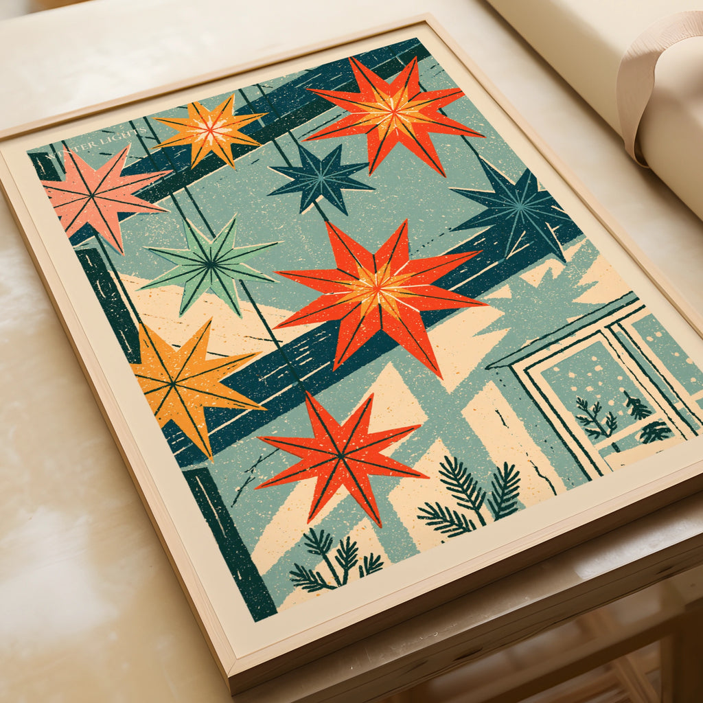 Winter Lights Retro Star Poster, Vintage Christmas Wall Art, Festive Holiday Print