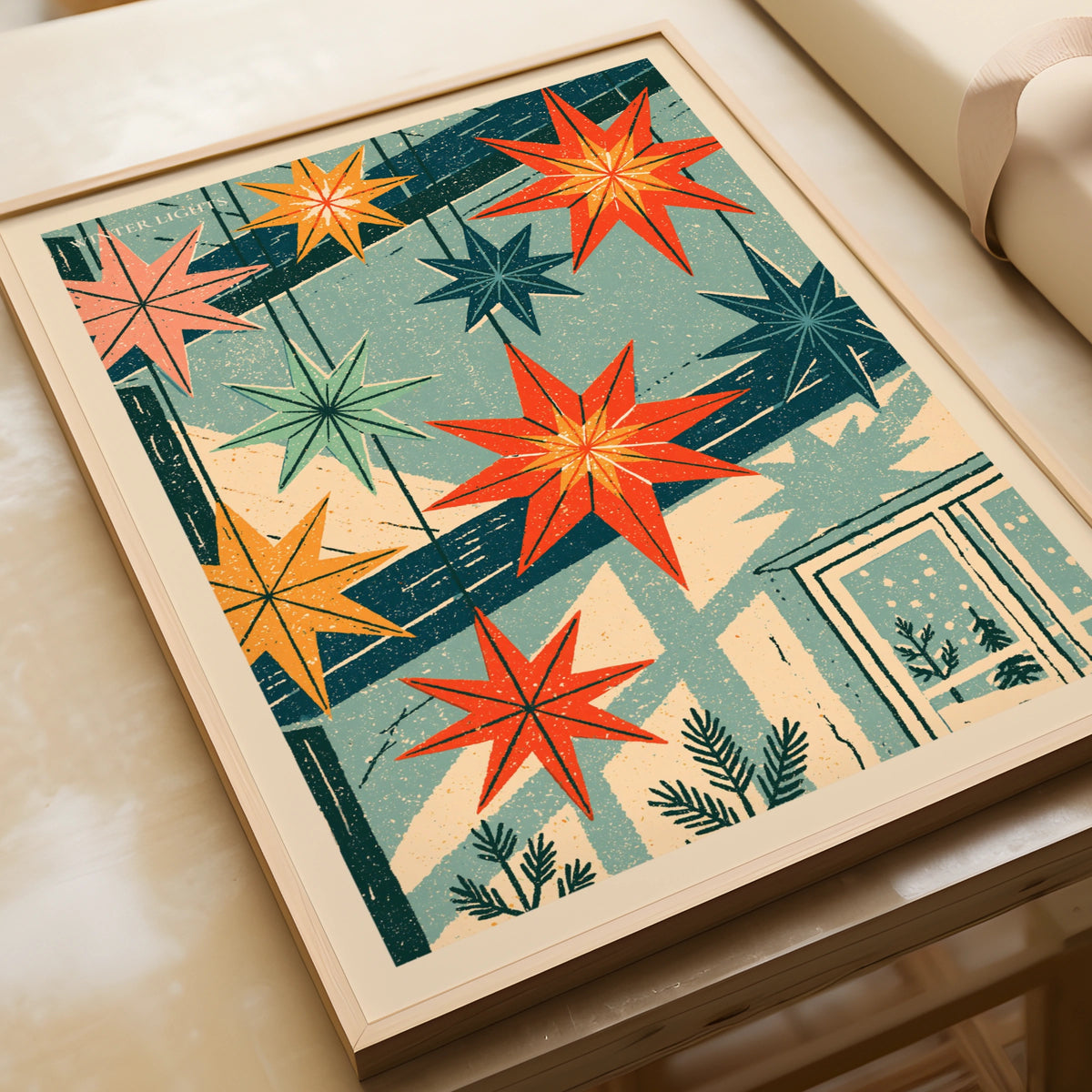 Winter Lights Retro Star Poster, Vintage Christmas Wall Art, Festive Holiday Print