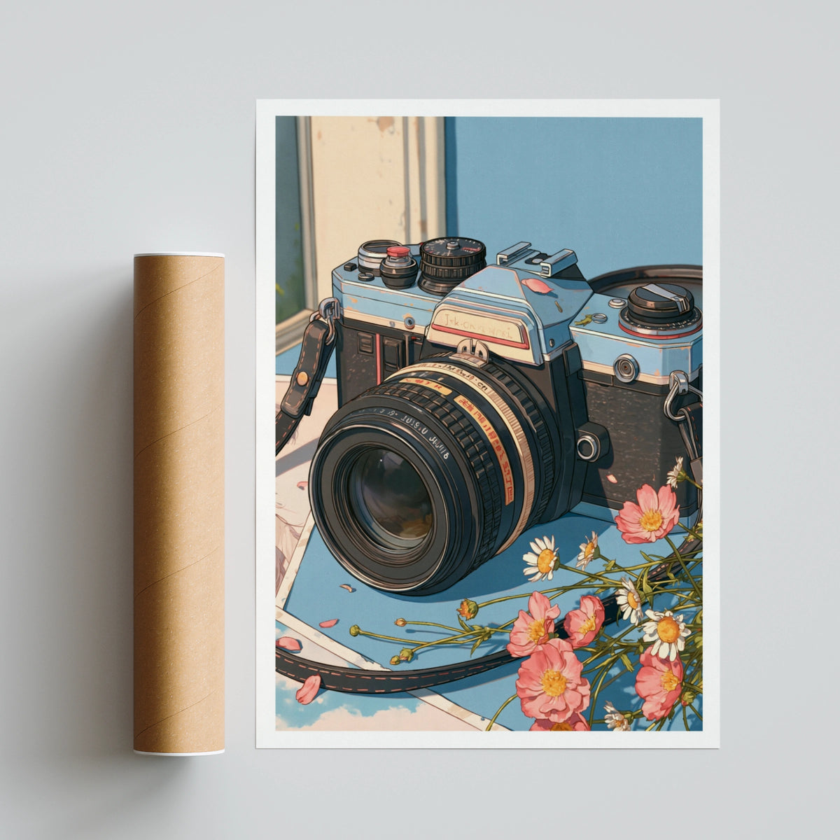 Retro Film Camera Poster, Vintage SLR Print, Pink Flowers Wall Art, Blue Aesthetic