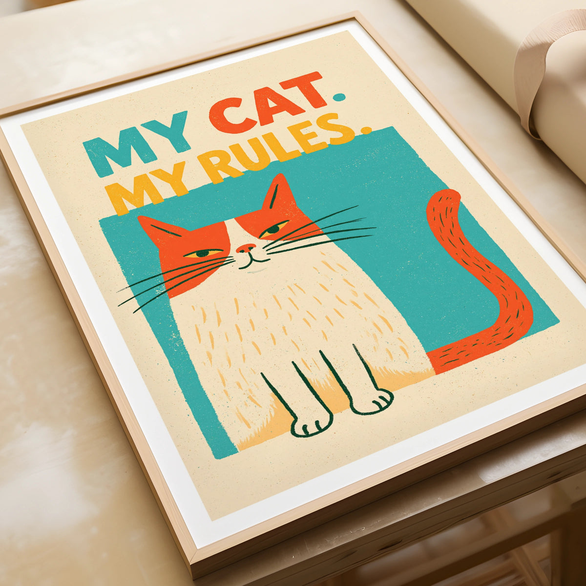 My Cat My Rules Retro Cat Print, Funny Cat Wall Art, Ginger Cat Folk Art Print