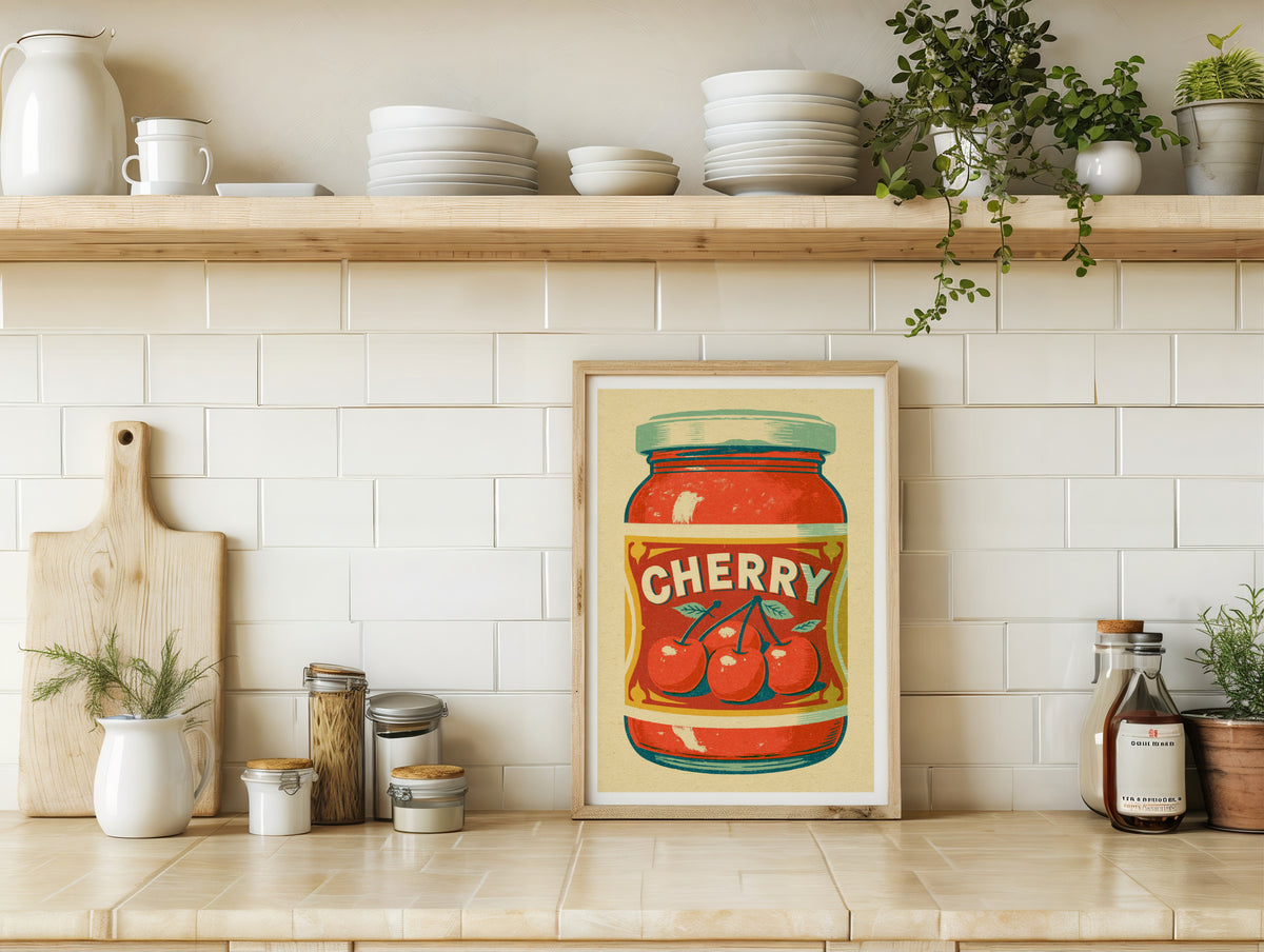 Vintage Food Poster Print | Rustic Kitchen Decor, Cherry Jam Jar Wall Art, Retro Fruit Preserve