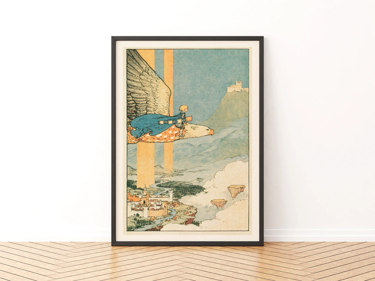 Boy Riding Giant Eagle Print, Retro Children's Fantasy Poster, Fairy Tale Kids Wall Art