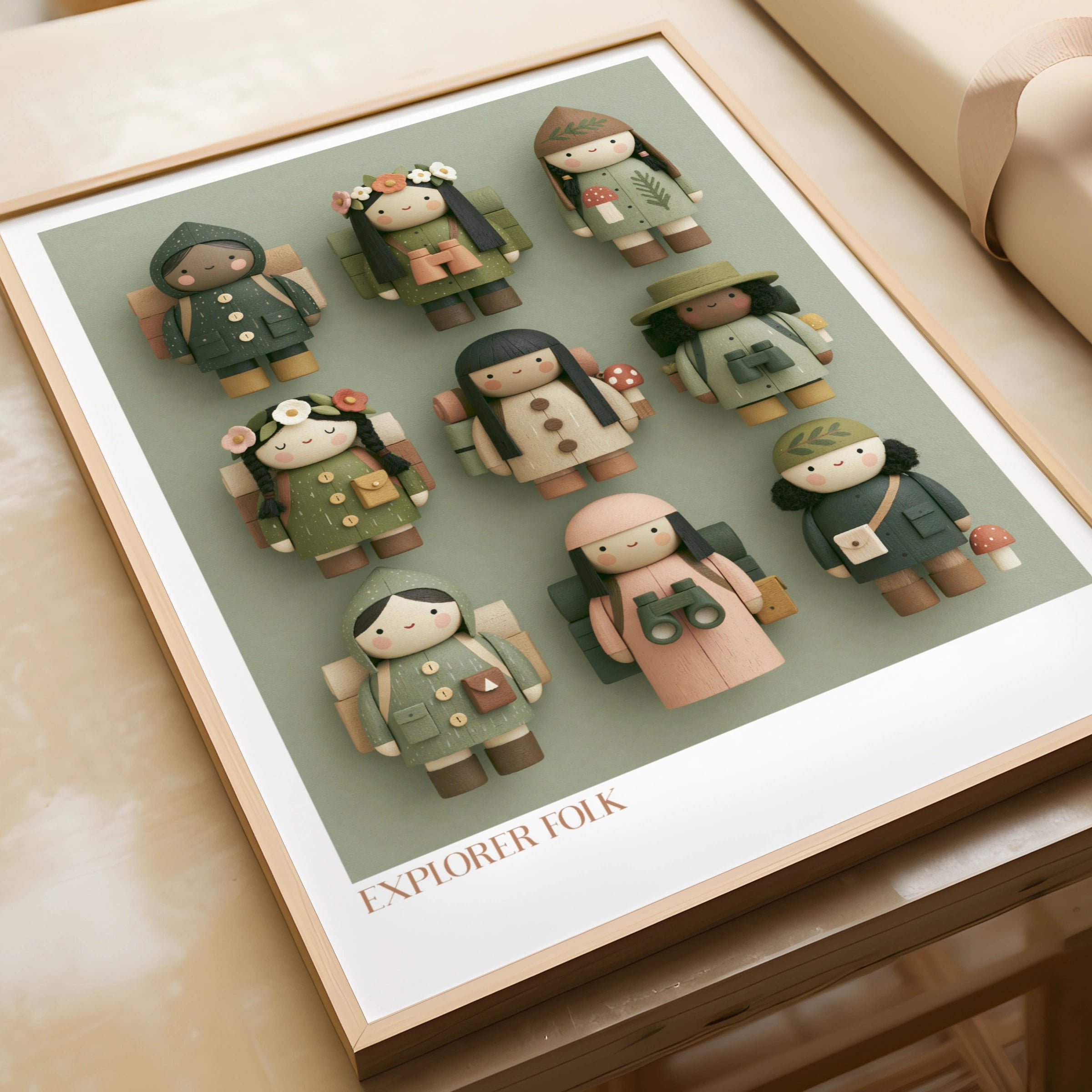 Explorer Folk Kids Poster, Retro Children's Print, Woodland Toy Art, Sage Green Nursery Wall Art