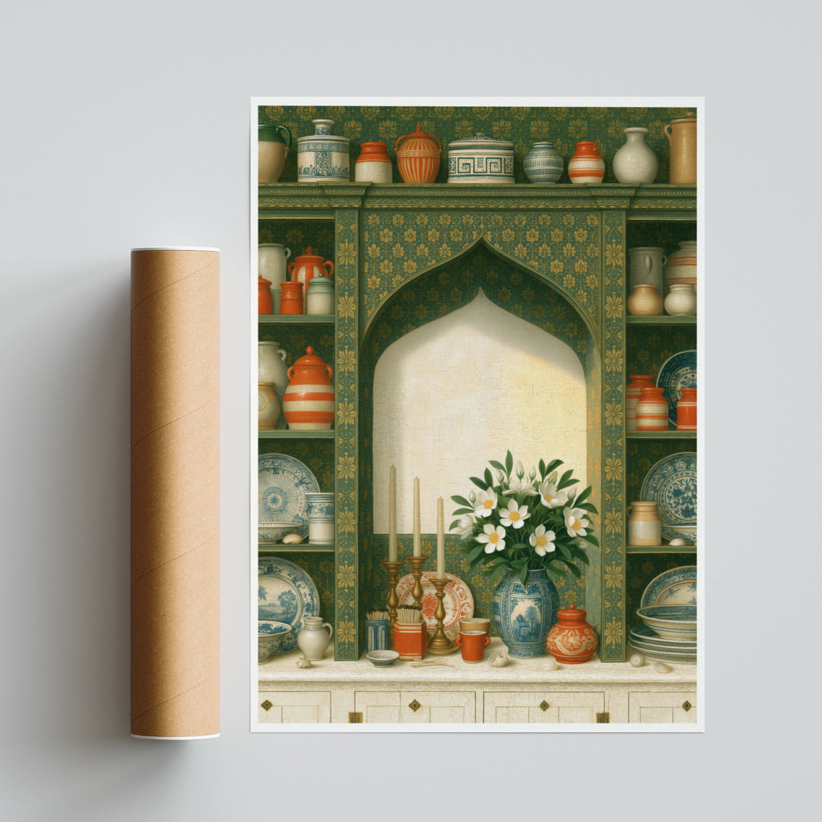 Vintage Pottery Shelf Print, Classic Kitchen Still Life, Floral Vase Wall Art Poster