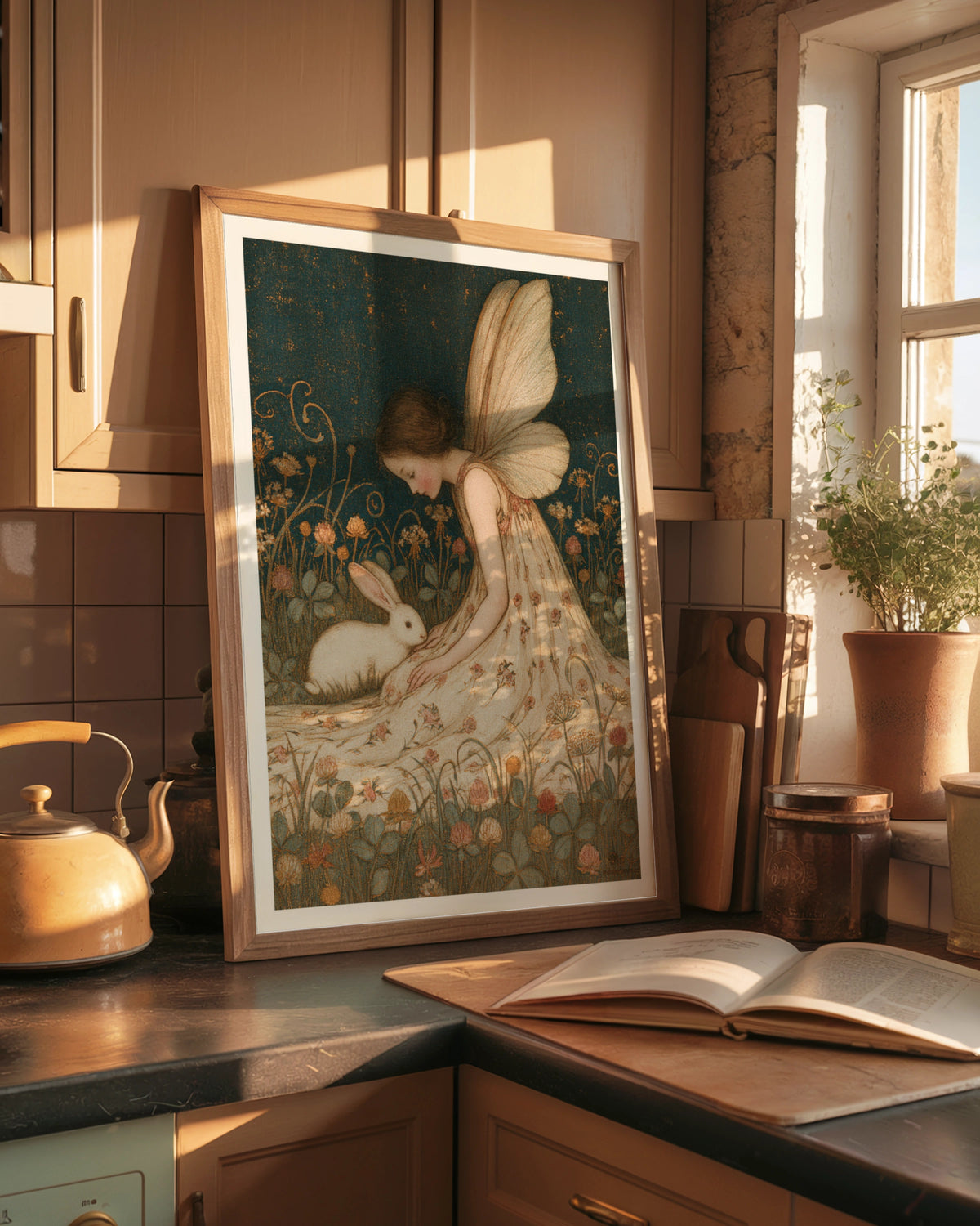 Fairy and Rabbit Print, Classic Folk Art Poster, Vintage Floral Fantasy Wall Art, Cottagecore