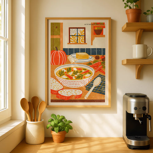 Autumn Soup Kitchen Print, Vintage Food Poster Print, Rustic Kitchen Decor, Retro Mid Century
