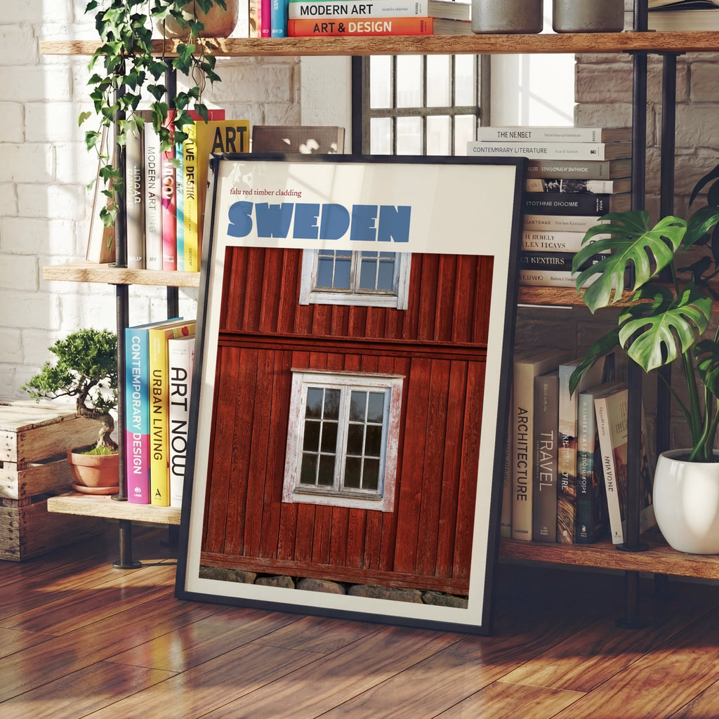 Sweden Travel Poster, Retro Falu Red Timber Print, Scandinavian Wall Art Decor