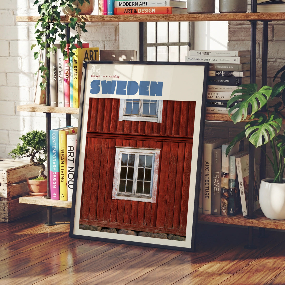 Sweden Travel Poster, Retro Falu Red Timber Print, Scandinavian Wall Art Decor