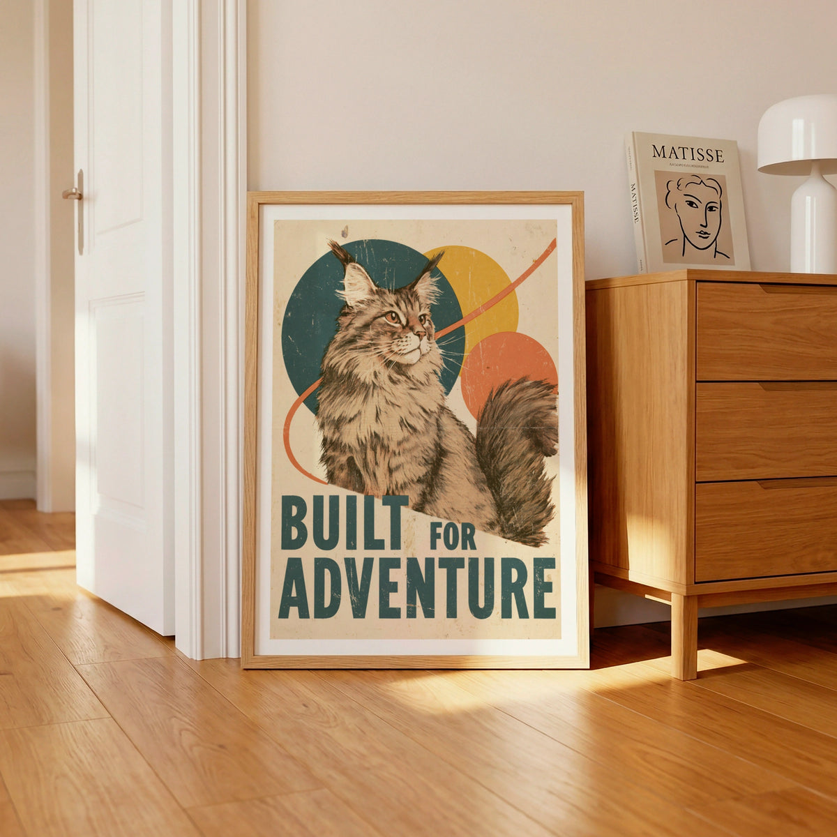 Retro Maine Coon Cat Print, Built For Adventure, Vintage Style Feline Wall Art