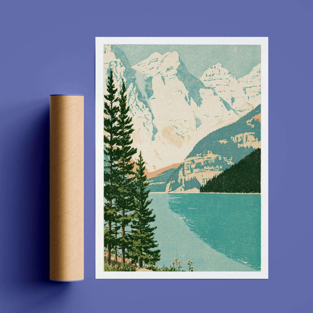 Retro Mountain Lake Wall Art, Vintage Travel Poster, Alpine Landscape Print, Pine Trees, Turquoise