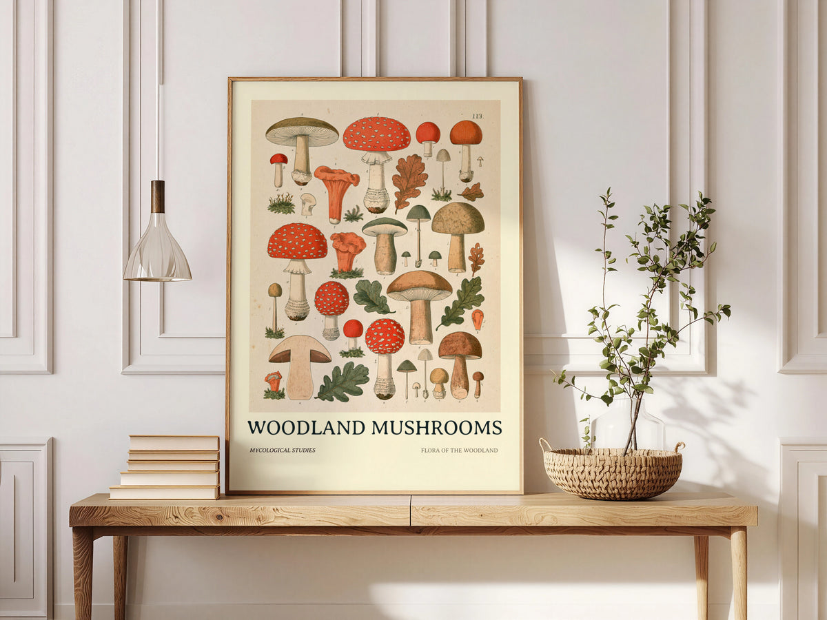 Vintage Woodland Mushrooms Print, Botanical Mycology Wall Art, Toadstool Poster, Cottagecore Kitchen