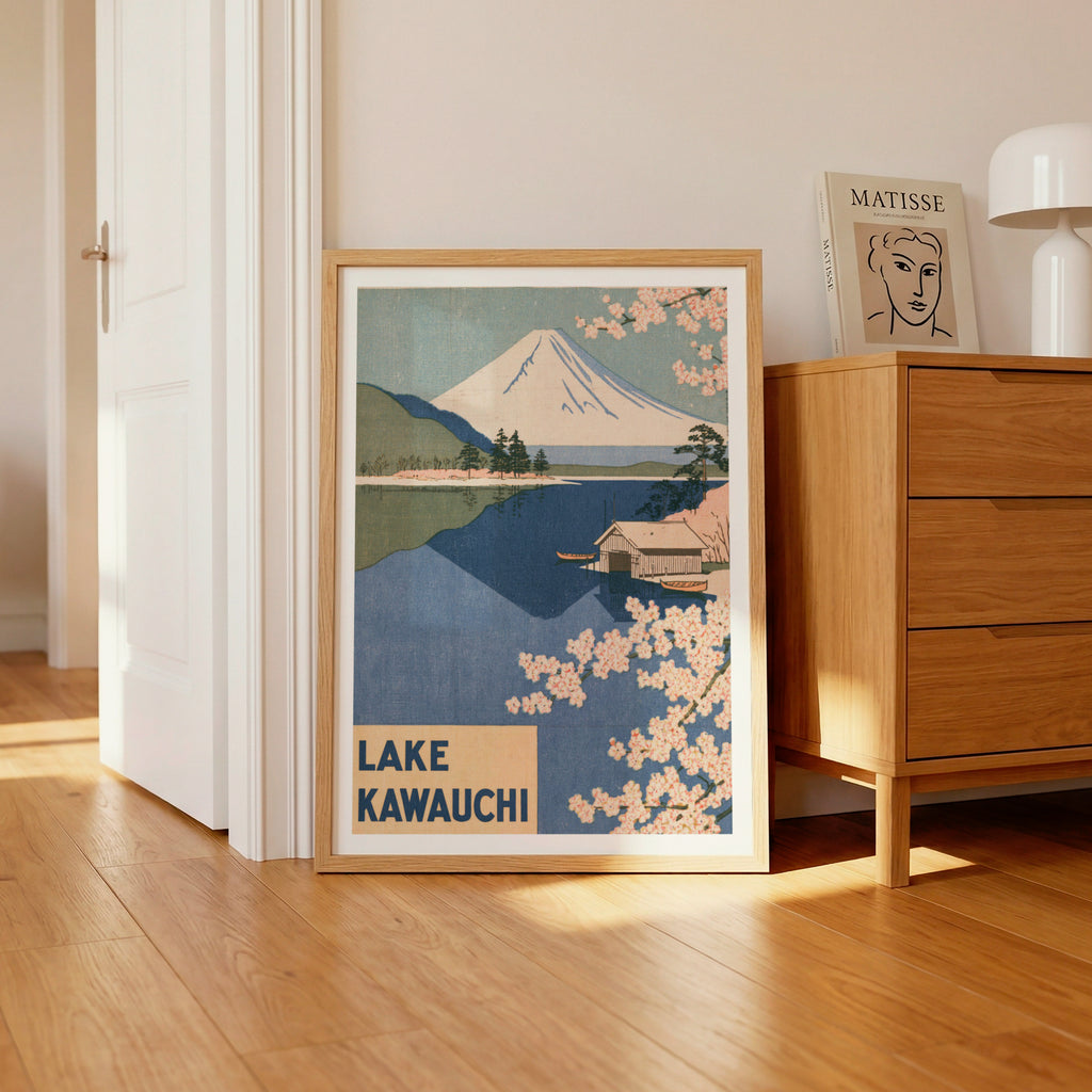 Lake Kawaguchi Retro Travel Print, Mount Fuji Vintage Travel Poster, Japan Cherry Blossom Wall Art