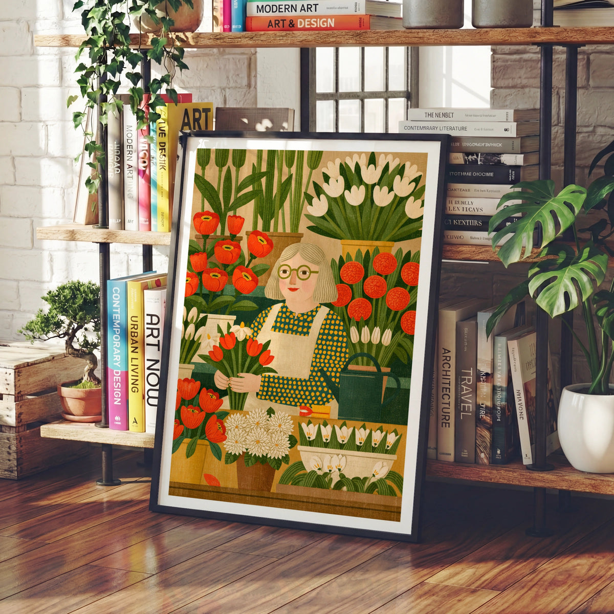 Vintage Florist Poster, Flower Shop Wall Art, Retro Botanical Print, Red Tulips Illustration