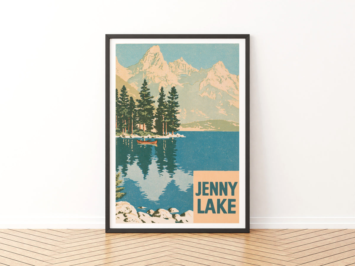 Retro Jenny Lake Print, Vintage Travel Poster, Grand Teton National Park, Wyoming Mountain Lake Art