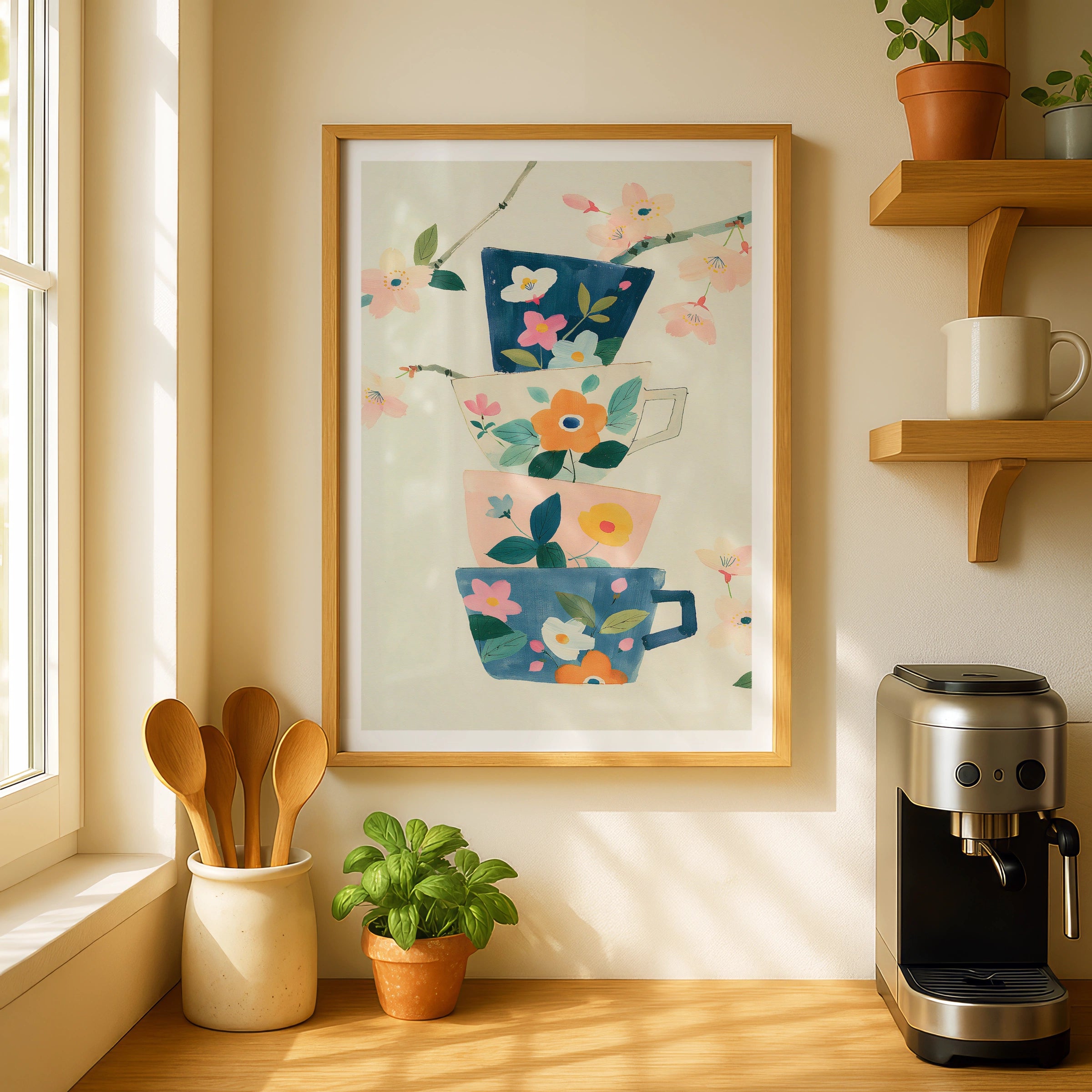 Vintage Food Poster Print, Stacked Floral Teacups, Rustic Kitchen Decor, Retro Mid Century
